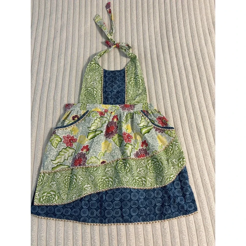 Anthropologie Mixed Floral Patchwork Cotton Halter Apron Blue Green Pink boho